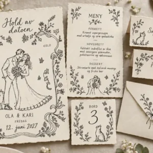 Bryllupspapir fra Plotteriet: «Hold av datoen» med brudepar og katt i blomsterramme, meny, bordnummer, bordkort og konvolutt, tegnet med penn